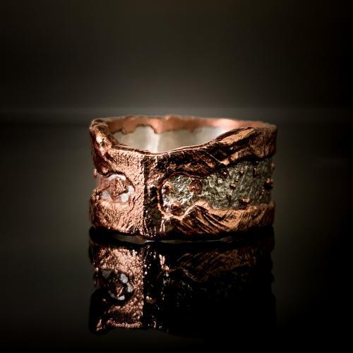Copper and SIlver textured wide band ring