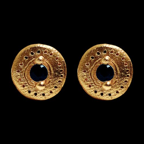 SE2267 Etruscan inspired granulated shield boss sapphire stud earrings in gold by seragaengland