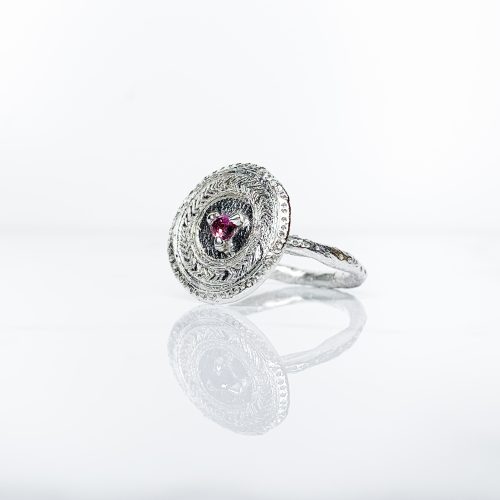 PATTERNED PASSION PRONG SET RUBY RING WITH HERRINGBONE PATTERN IN SILVER SeragaEngland-1
